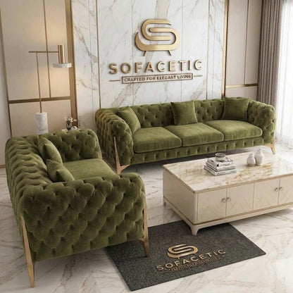 Italian Plush Velvet Fabric Chesterfield Sofa Set