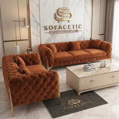 Italian Plush Velvet Fabric Chesterfield Sofa Set