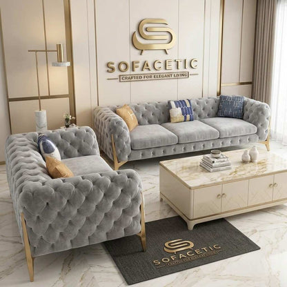 Italian Plush Velvet Fabric Chesterfield Sofa Set