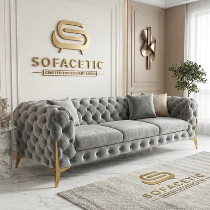 Italian Plush Velvet Fabric Chesterfield Sofa Set